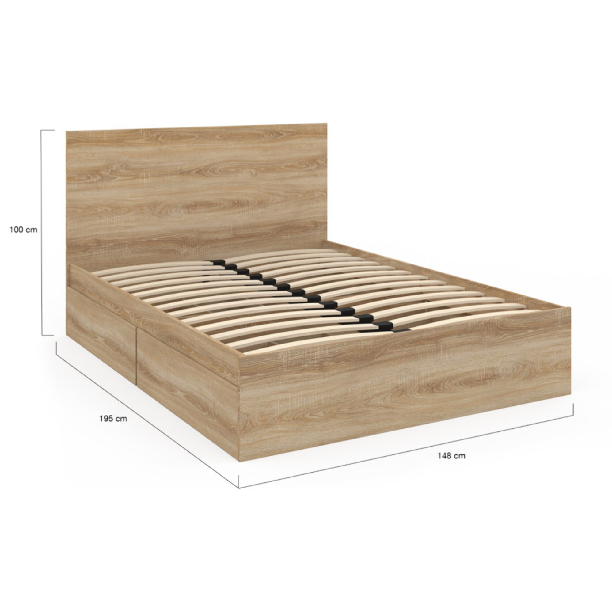 Lit Oklahoma 140x190cm effet hêtre avec tiroirs