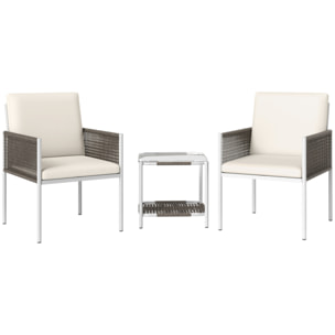 Conjunto de Jardín Exterior de 3 Piezas Juego de 2 Sillas y Mesa de Ratán con Cojines Acolchados y Encimera de Vidrio para Balcón Terraza Marrón y Crema