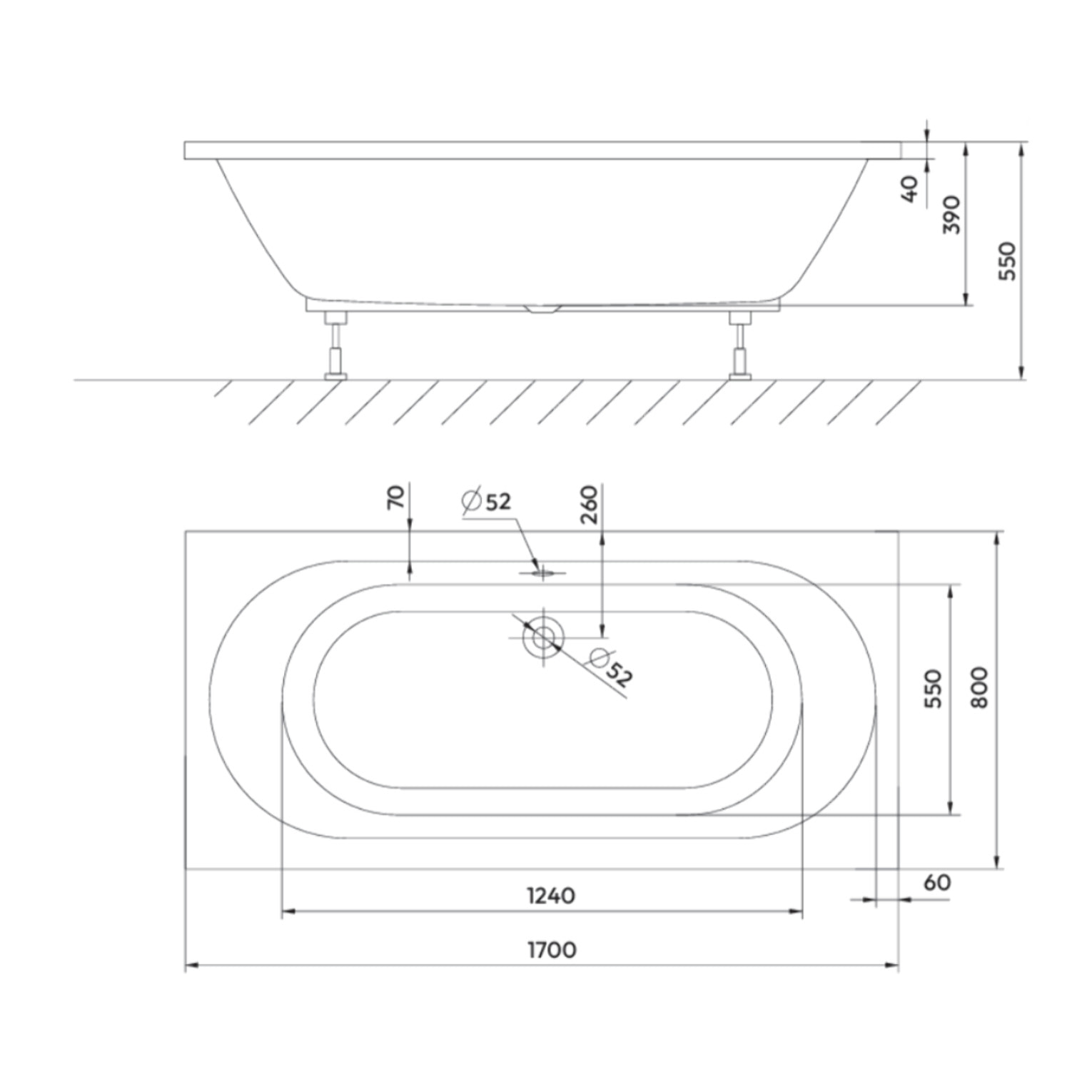 Aurum 170x80 cm baignoire rectangulaire en acrylique, orientation gauche et droite, sans pieds, blanc (SATVINF170)
