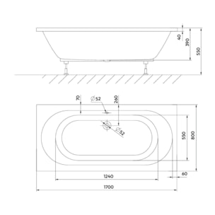 Aurum 170x80 cm baignoire rectangulaire en acrylique, orientation gauche et droite, sans pieds, blanc (SATVINF170)