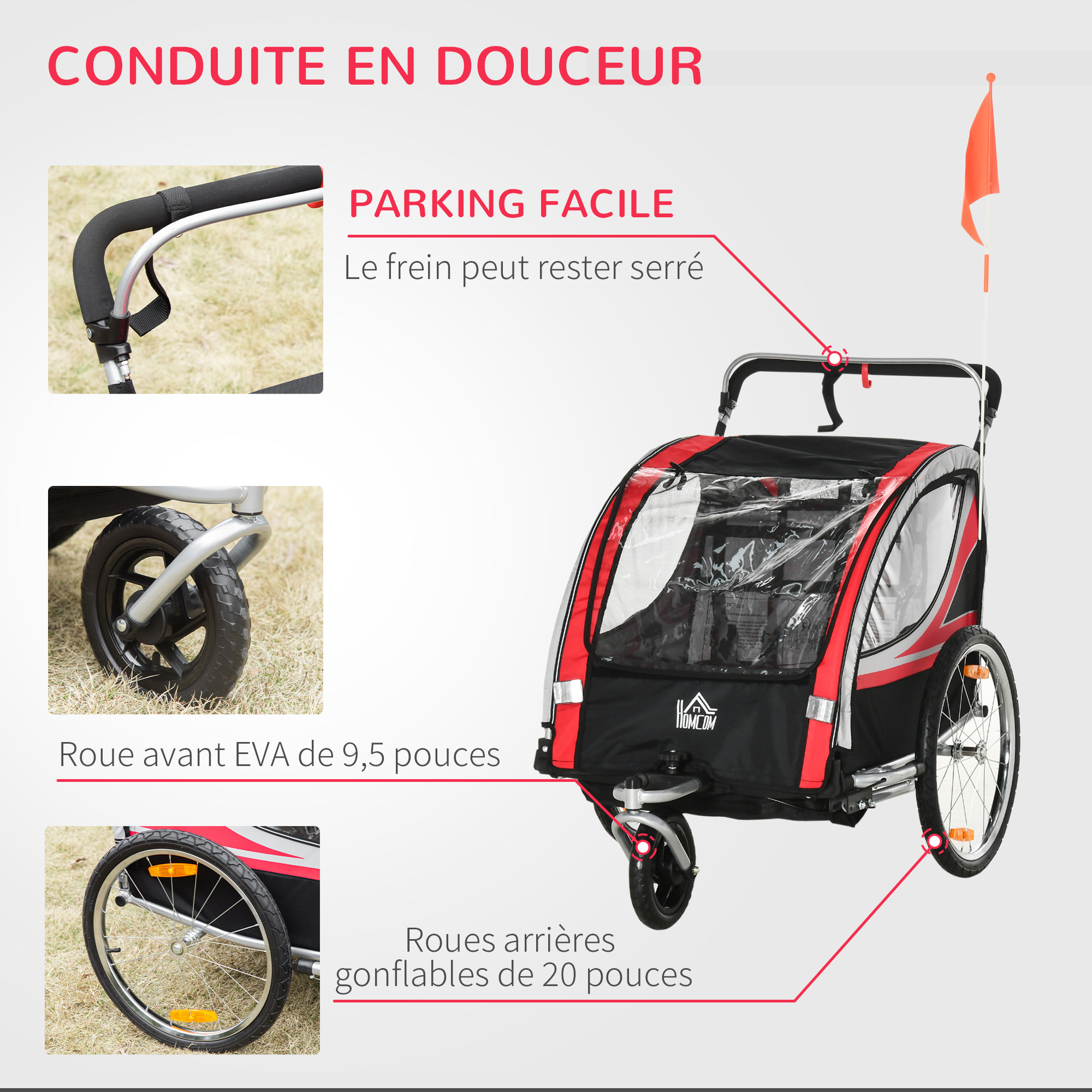 Remorque vélo jogger 2 en 1 pour enfant drapeau roue avant pivotante réflecteurs et barre d'attelage inclus rouge noir