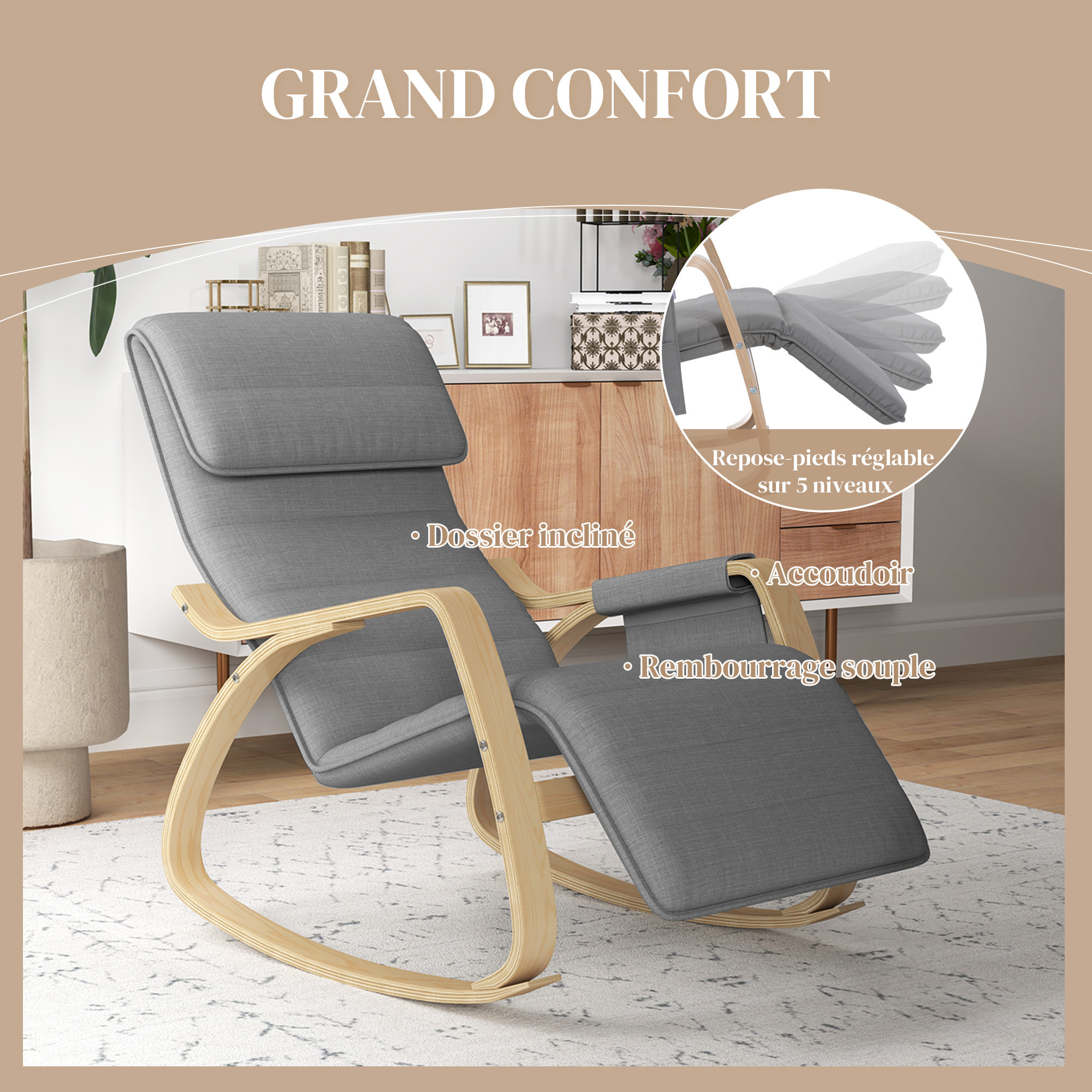Fauteuil à bascule - fauteuil relax repose-pied réglable, poche rangement, tétière - bois tissu gris