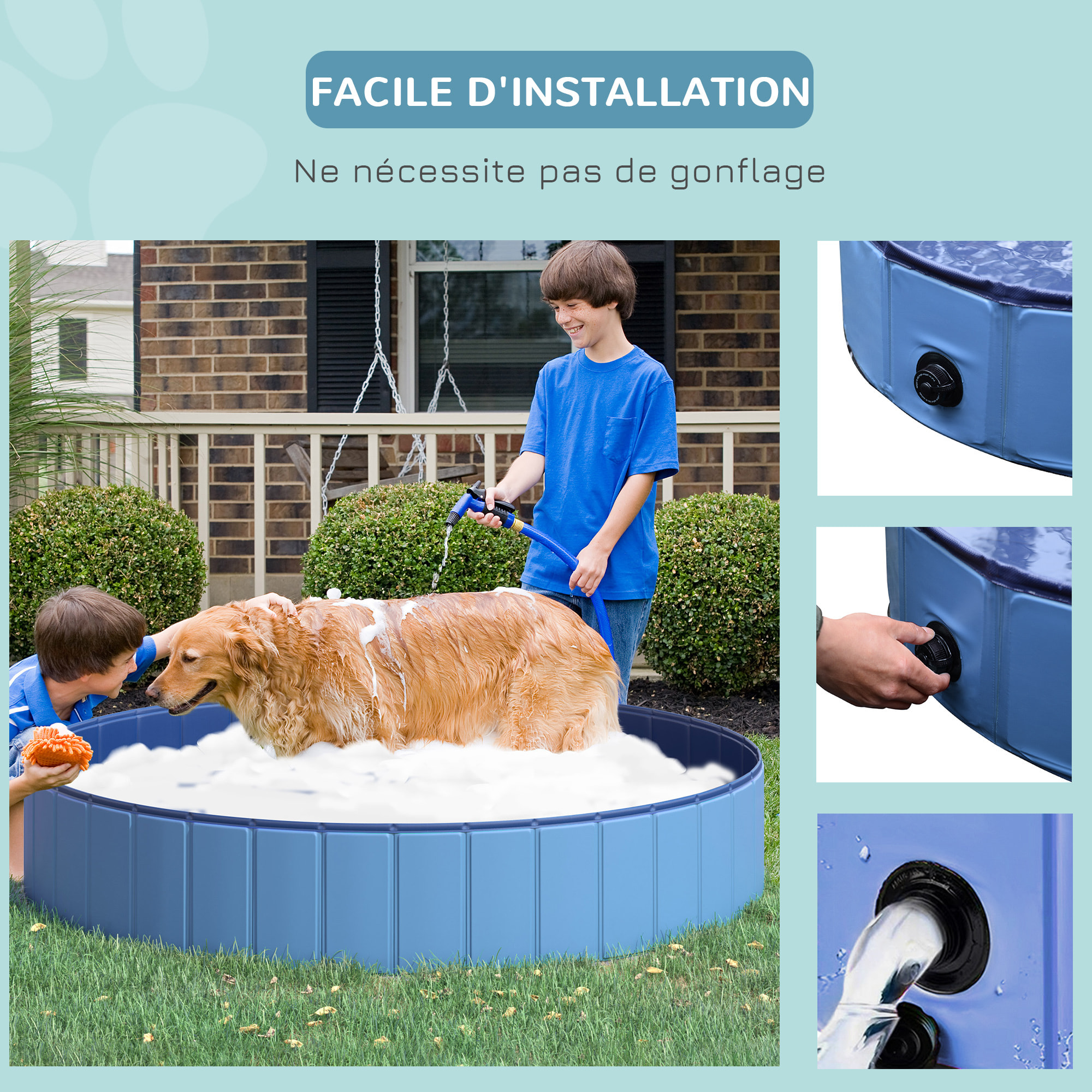 Piscine pour chien bassin PVC pliable anti-glissant facile à nettoyer diamètre 80 hauteur 20 cm bleu