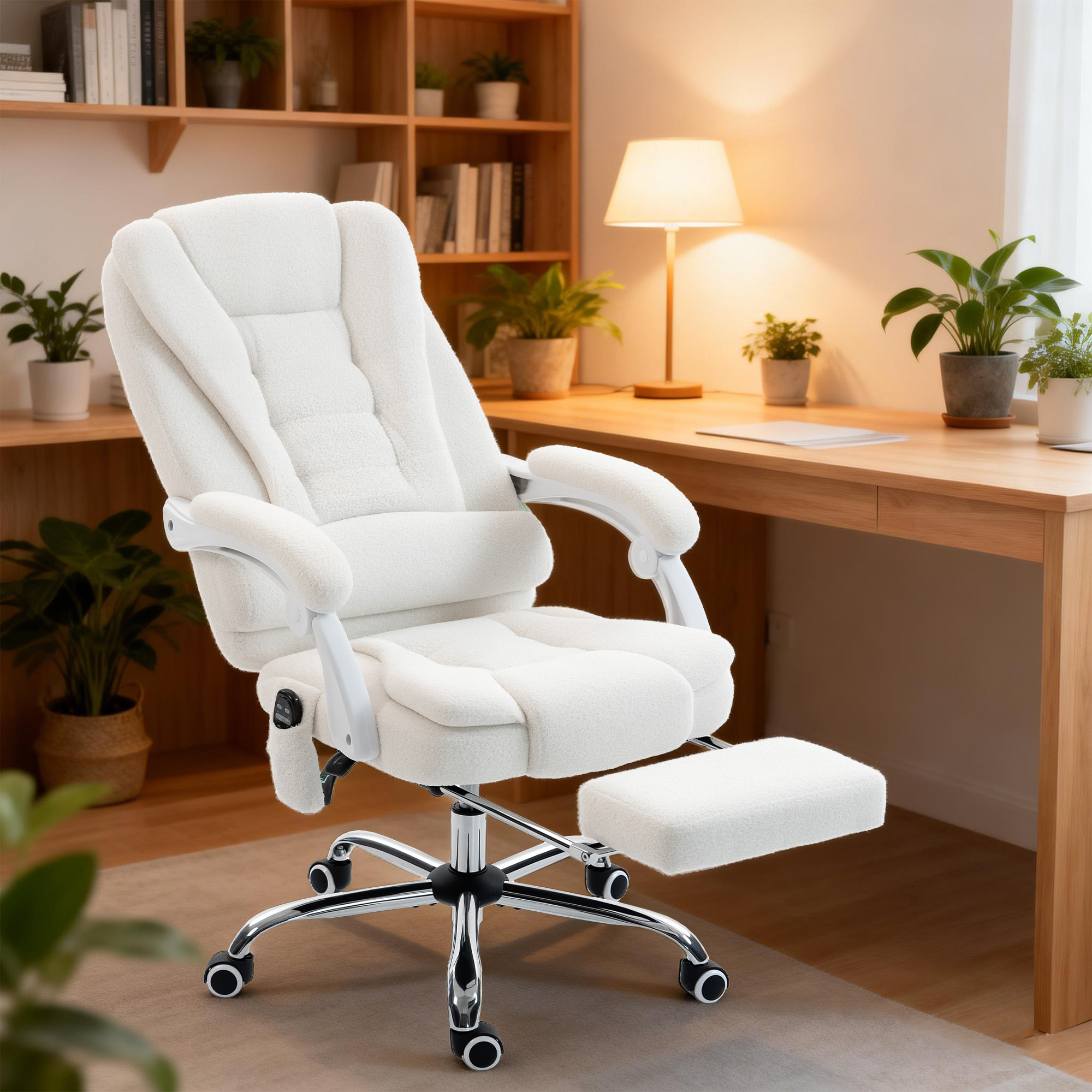 Fauteuil de bureau direction massant chauffant inclinable réglable bouclette blanc
