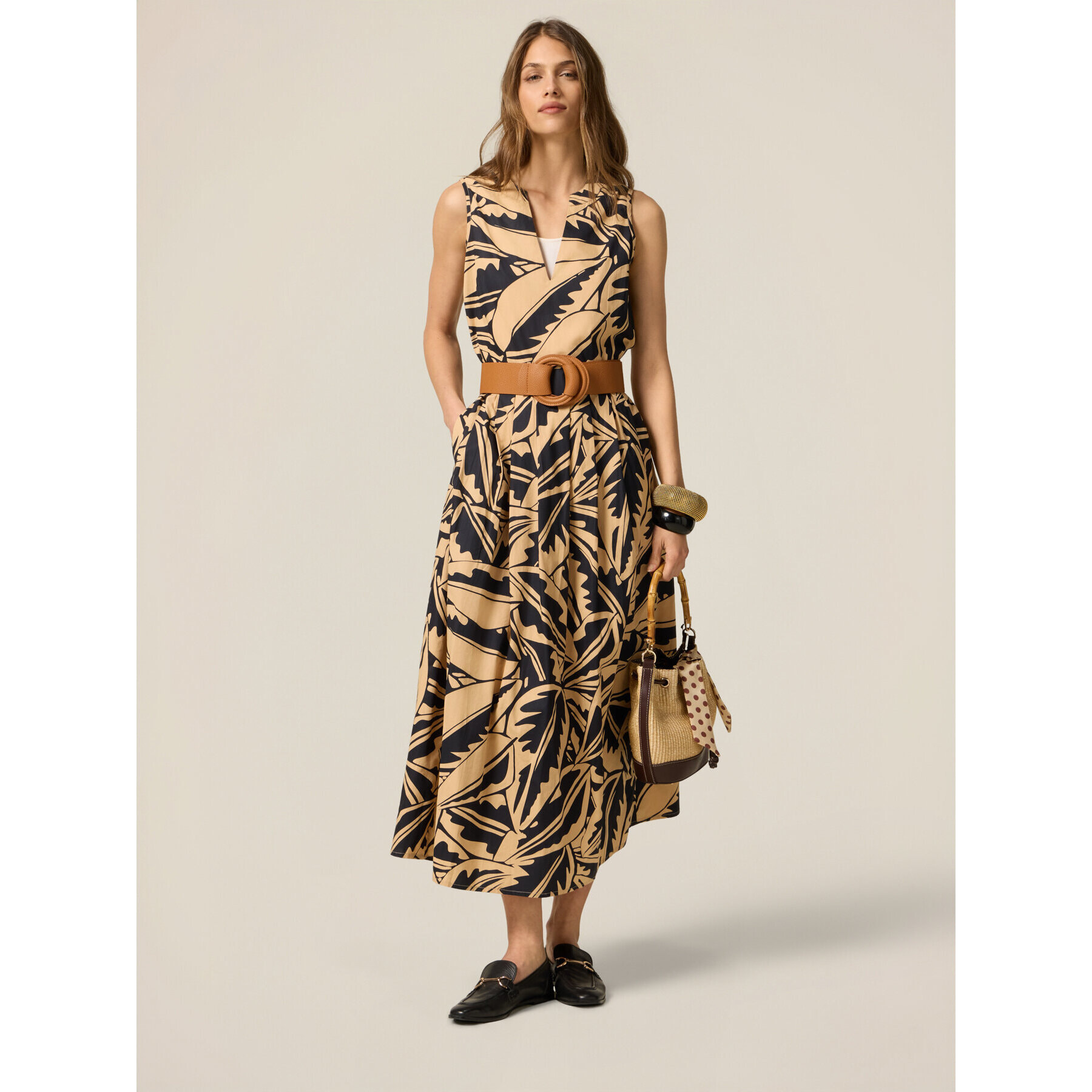 Oltre - Vestido de popelina estampado - Beige