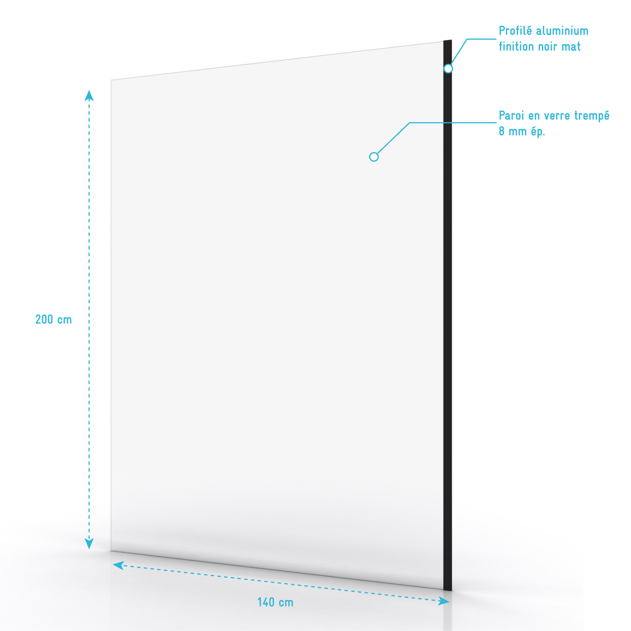 Paroi de Douche 140x200cm - Verre Trempé Transparent 8mm - Profilé Noir - FREEDOM 2 BLACK