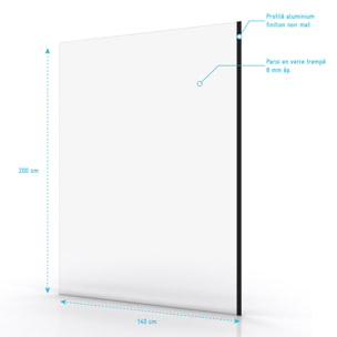 Paroi de Douche 140x200cm - Verre Trempé Transparent 8mm - Profilé Noir - FREEDOM 2 BLACK