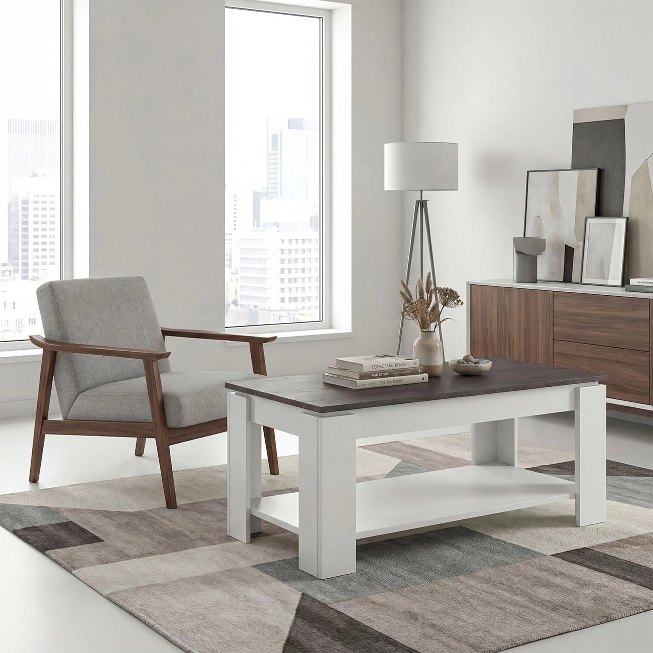 Mesa de centro elevable con almacenaje en blanco mate y óxido 102x43-54 cm Lya Blanco Artik (Blanco Mate) - Óxido