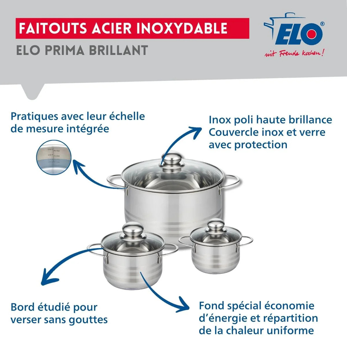 Ensemble de 2 Poêles de cuisson 28 et 32 cm et 3 faitouts 12, 14 et 24 cm Elo Profi Brillant