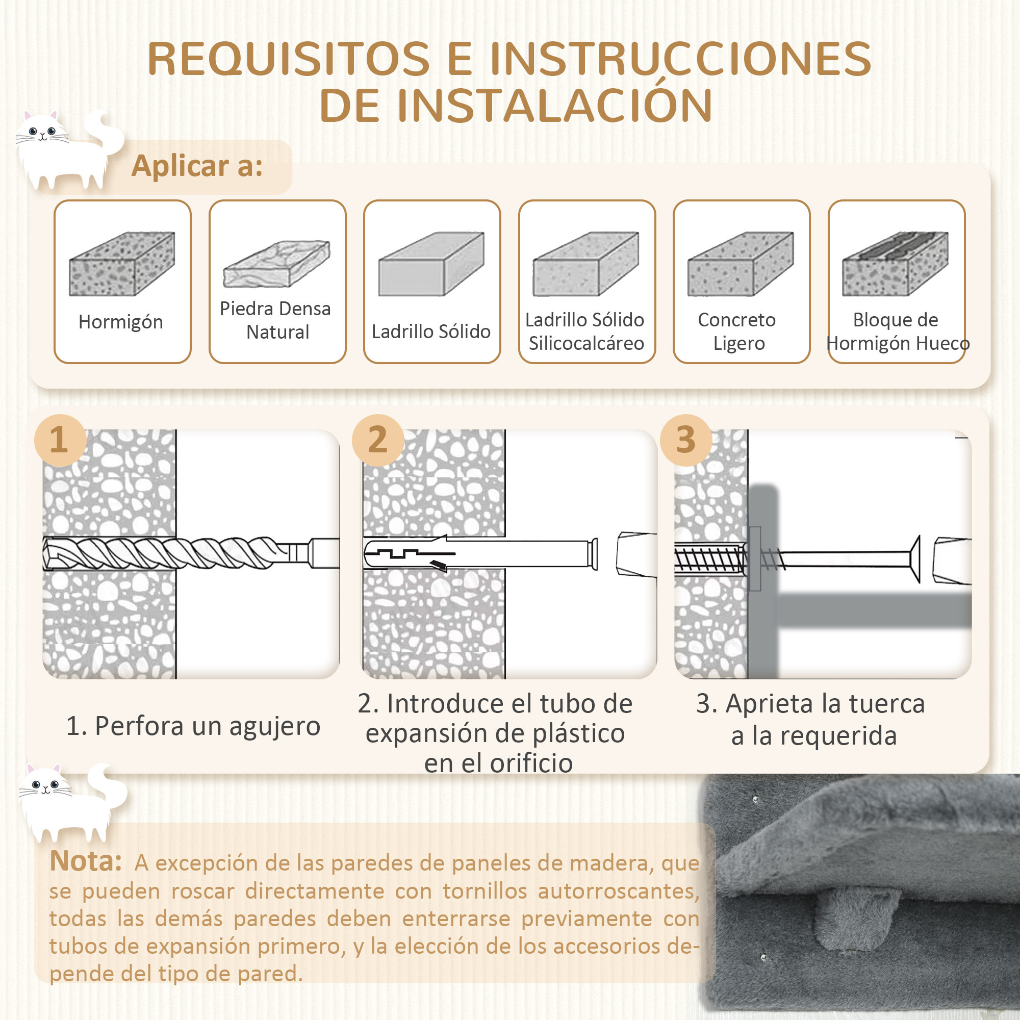 Juego de Estanterías para Gatos de 4 Piezas Rascador de Pared para Gatos con 3 Postes de Sisal Hamaca y 1 Plataforma para Saltar de 3 Niveles Gris