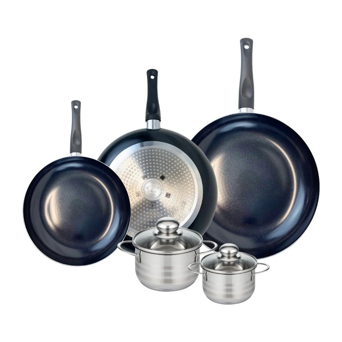 Ensemble de 3 Poêles de cuisson 24, 28 et 32 cm et 2 faitouts 12 et 14 cm Elo Prima Brillant