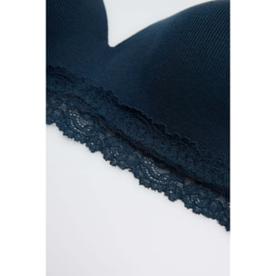 Reggiseno imbottito a coste senza ferretto con pizzo blu navy, coppa B