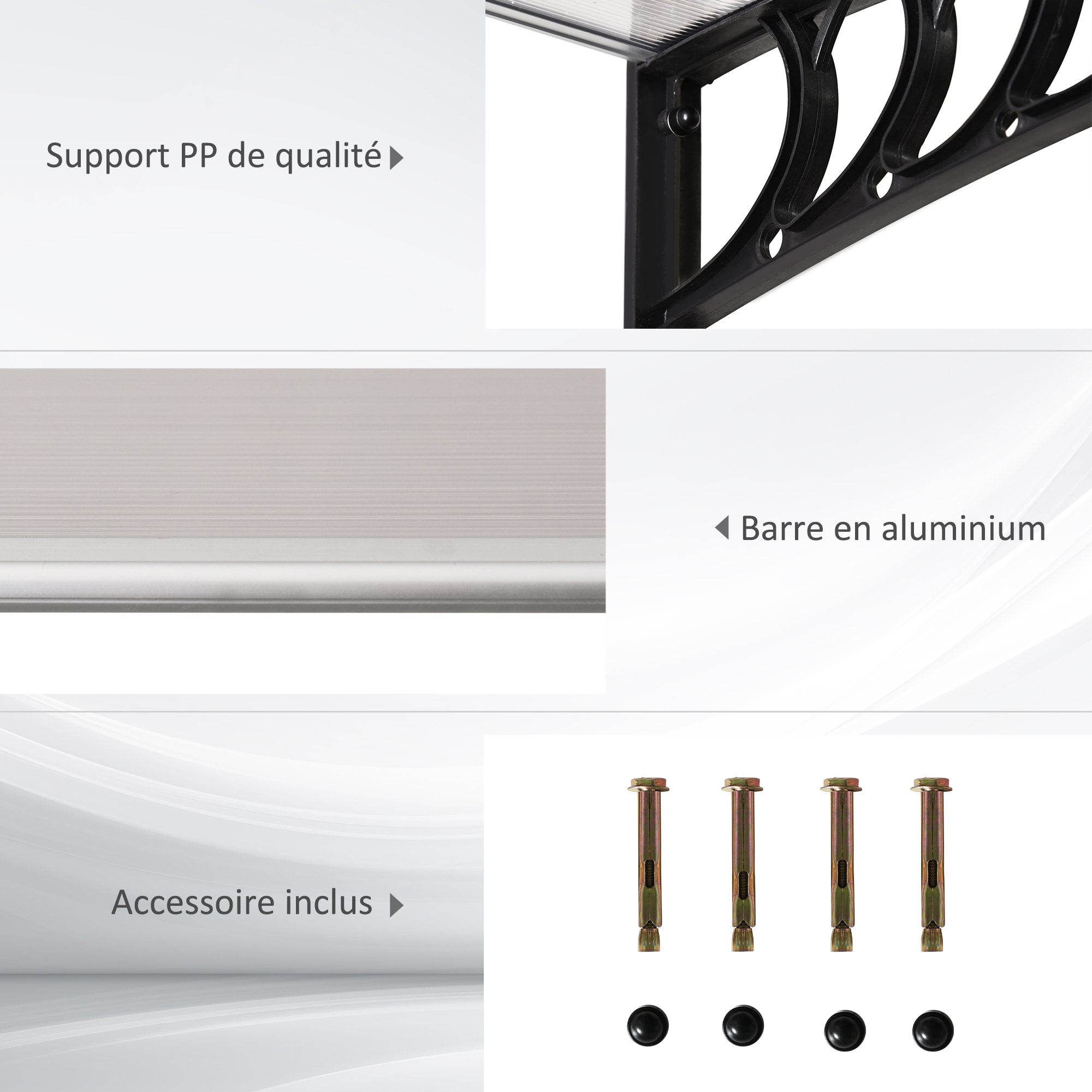 Auvent marquise de porte design voûté arrondi dim. 150L x 90l x 25H cm polycarbonate PP noir