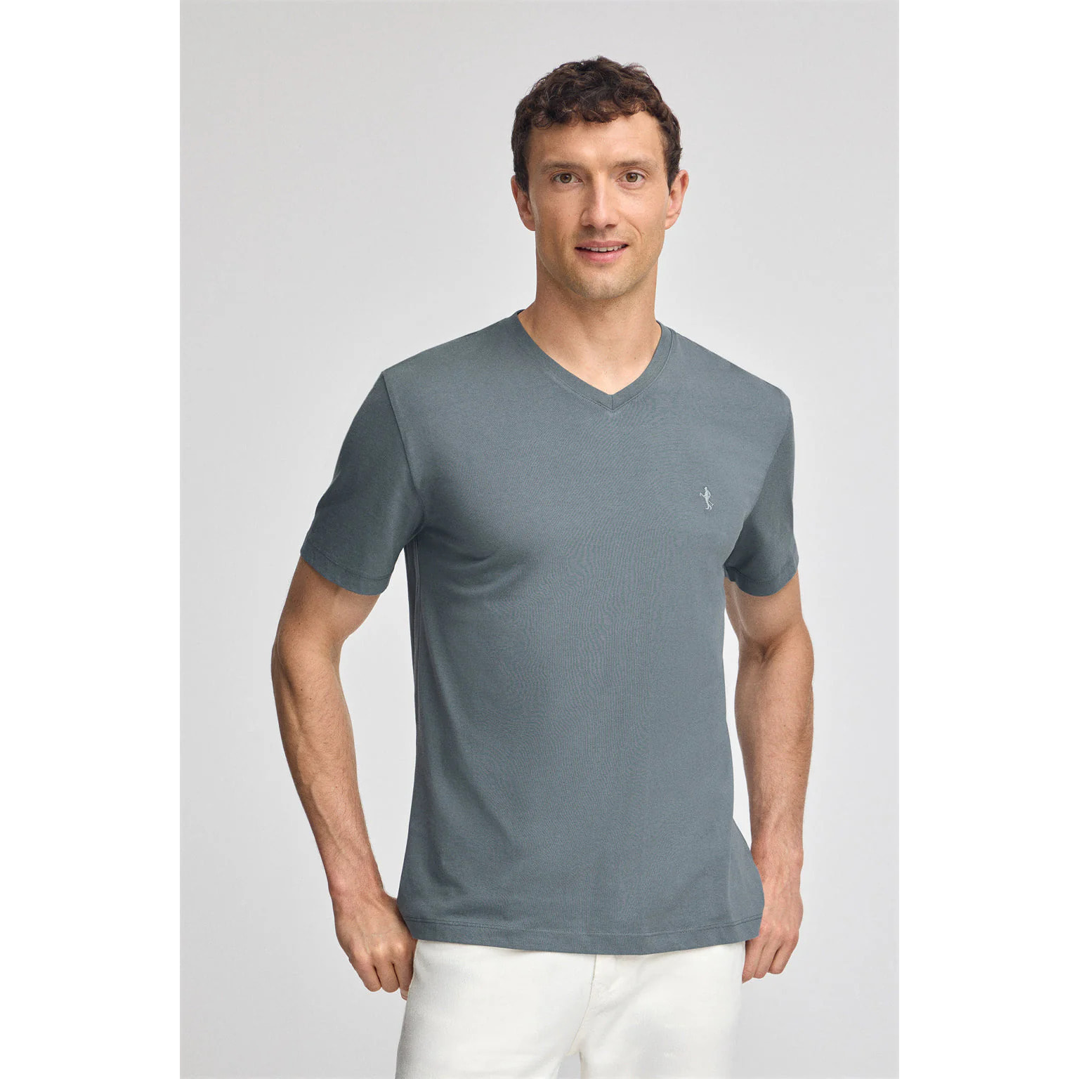 Camiseta gris piedra de manga corta y cuello de pico con bordado Rigby Best