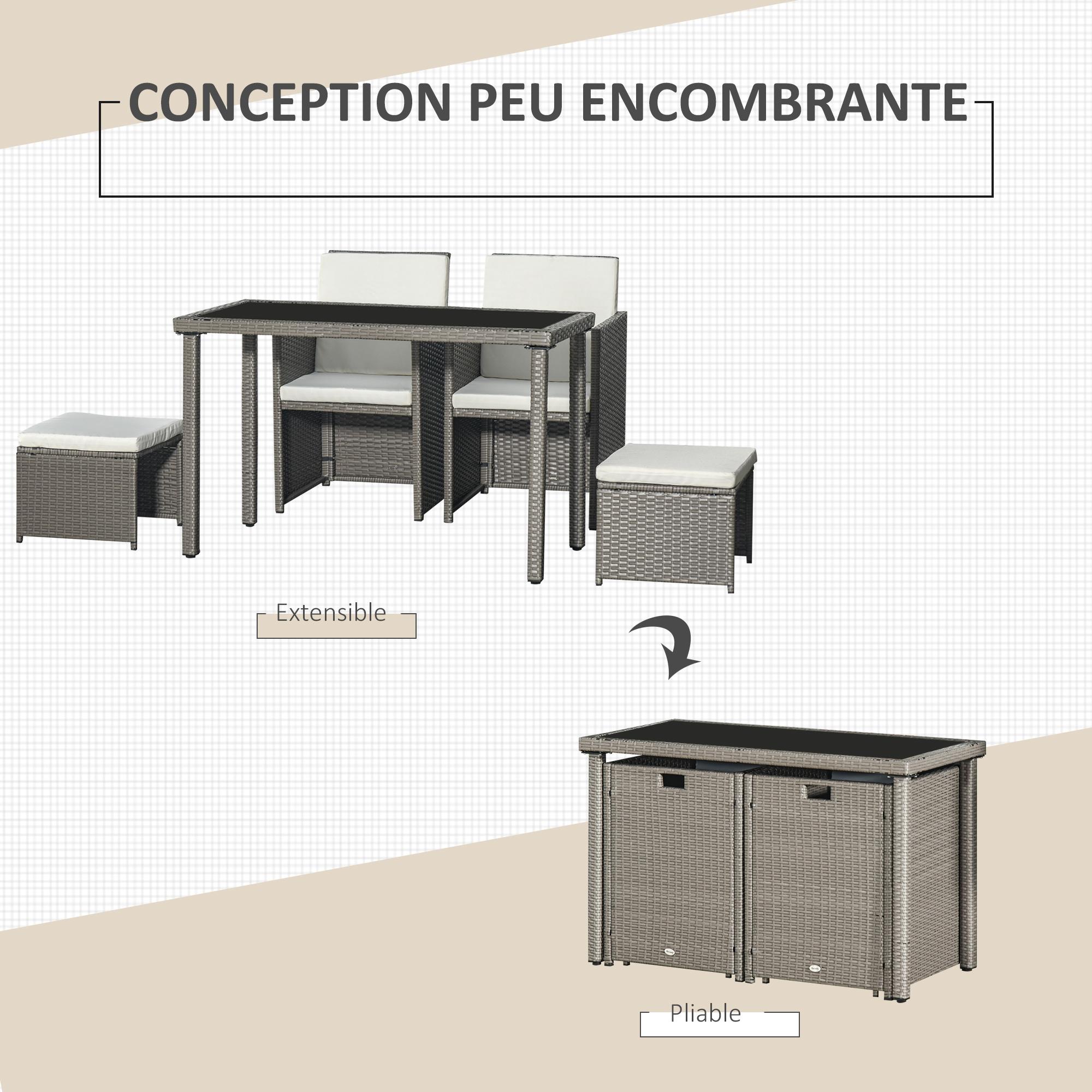 Outsunny Ensemble salon de jardin encastrable 2 fauteuils monoblocs + 2 tabourets + table basse résine tressée coussins déhoussables crème gris