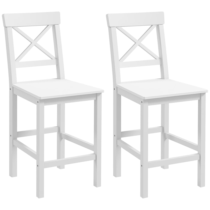 Juego de 2 Taburetes Altos de Cocina, Taburetes de Bar de Madera con Reposapiés y Respaldo Cruzado, Carga 120 kg, para Comedor, Mostrador, Blanco