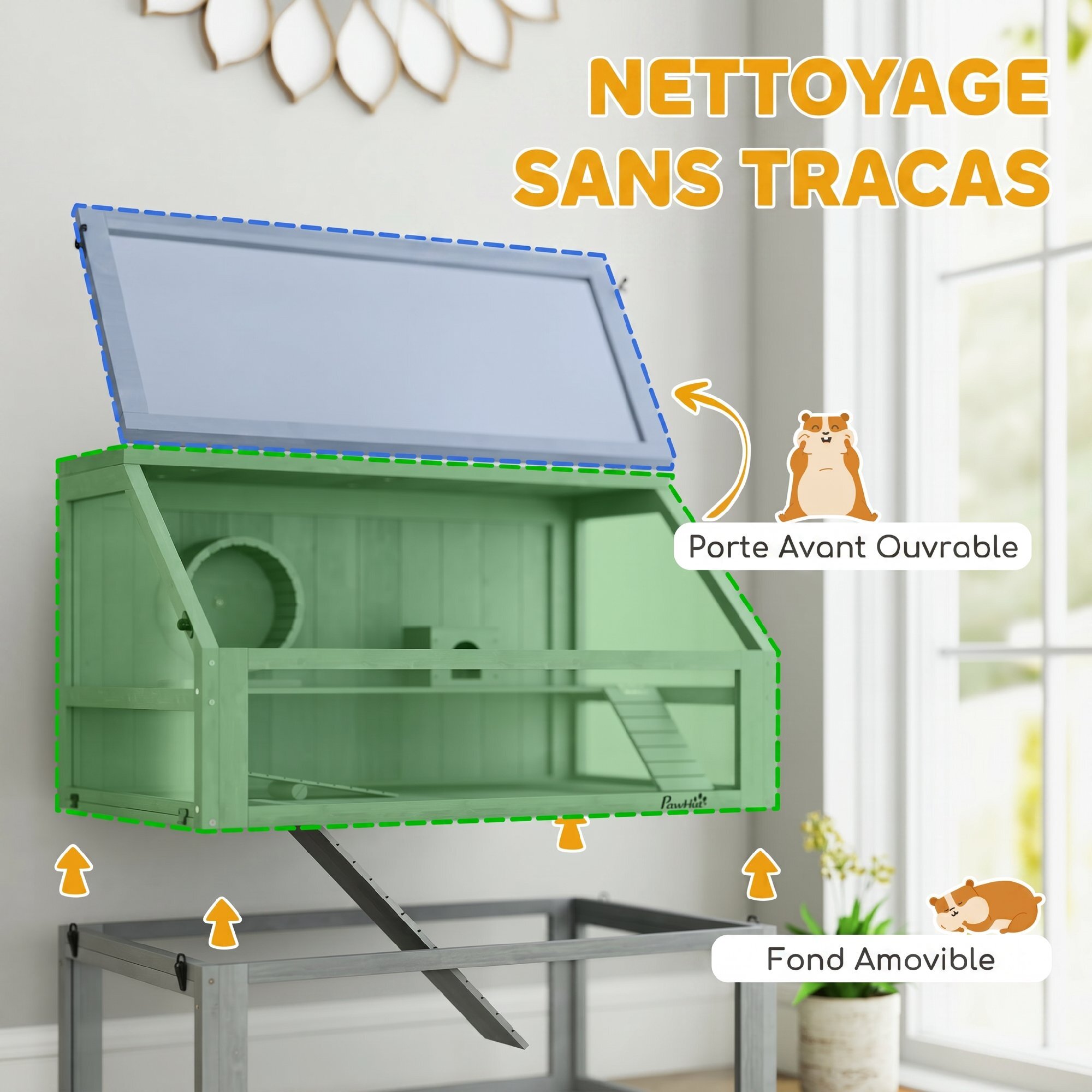 Cage rongeur hamster en bois dim.80x50x76cm 3 niveaux rampes roue bascule cabane gris