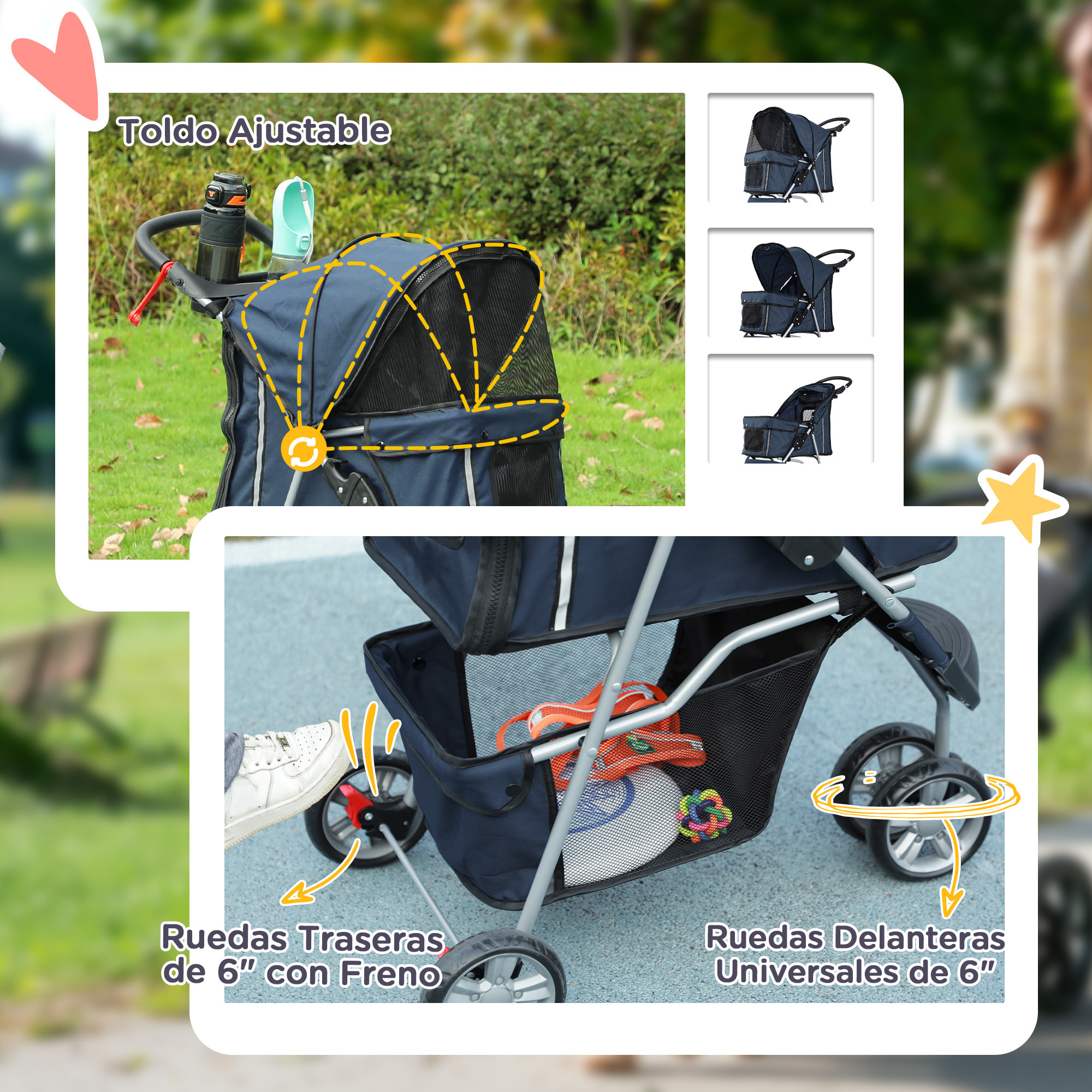 Carrito para Perros Plegable Cochecito para Mascotas Carrito para Perros Pequeños con Cesta de Almacenaje Ventanas de Malla y 2 Ruedas Universales 75x45x97 cm Azul Oscuro