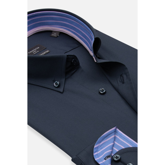 camicia uomo 1 bottone button down slim Popeline Stretch Unito Blu