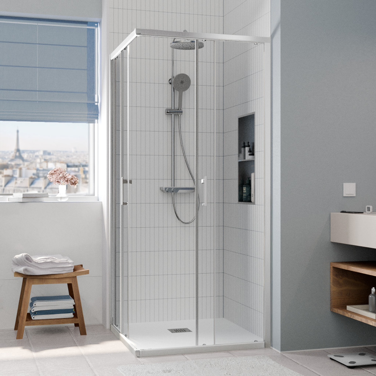 CASCADA Porte de douche 90x90x195cm coulissante anticalcaire avec profilés chrome brillant (CERAHC9090C)