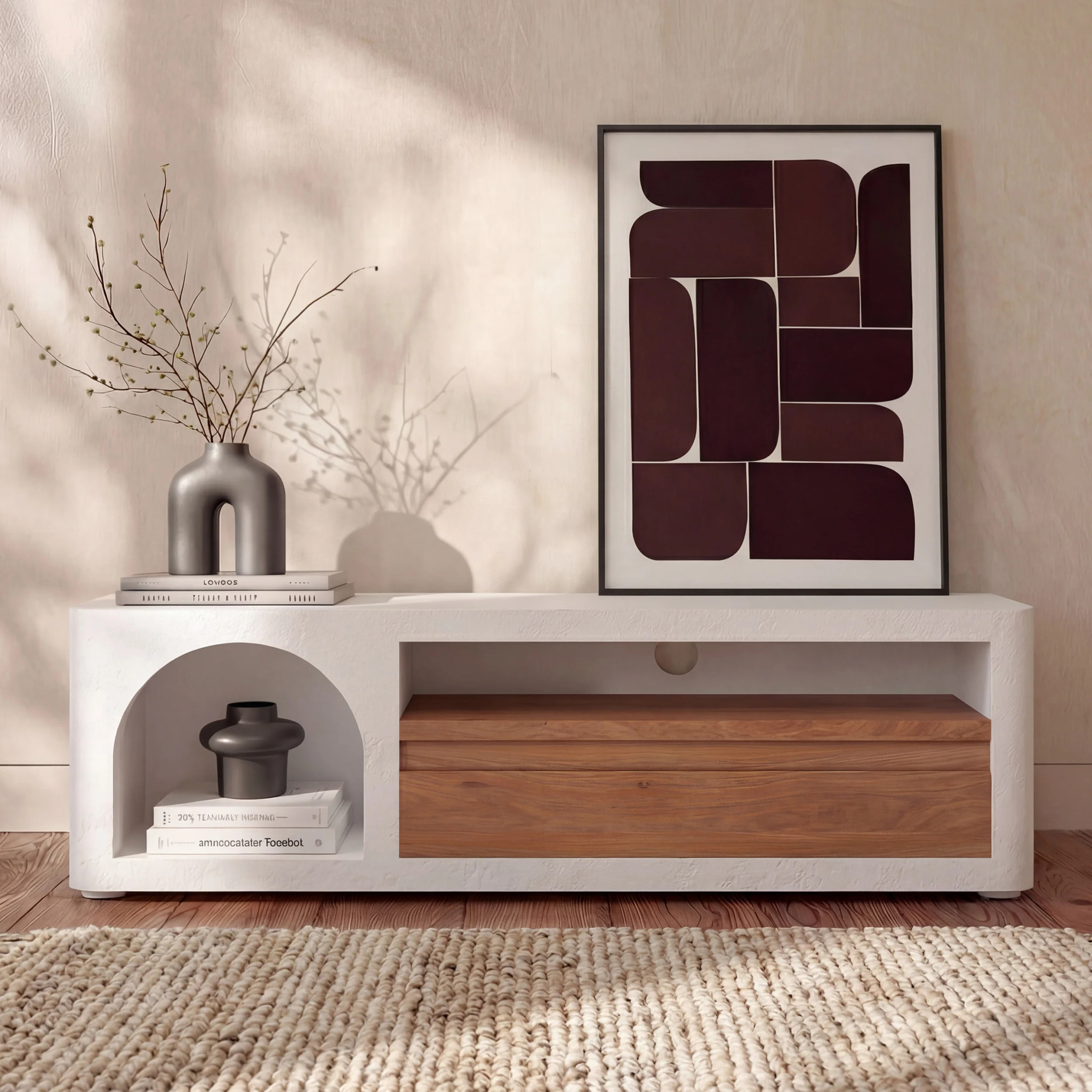 Meuble TV en plâtre blanc cassé 140 cm avec tiroir - Fira