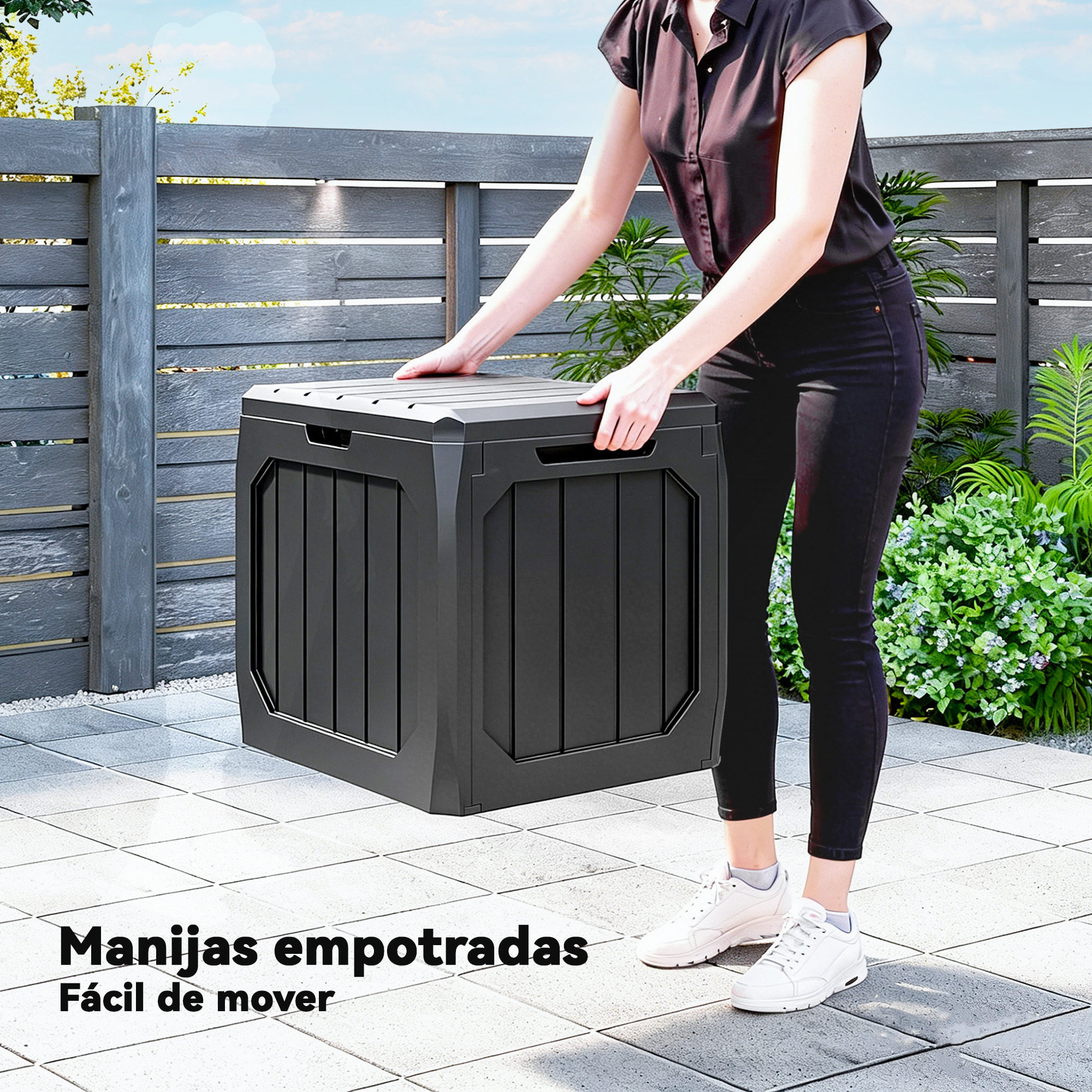 Arcón Exterior Capacidad 121L, Baúl Almacenaje Exterior de Plástico con 2 Asas y Tapa Bloqueable, Impermeable, Resistente a la Intemperie, para Jardín, Terraza, Patio, 56x45x53 cm, Negro