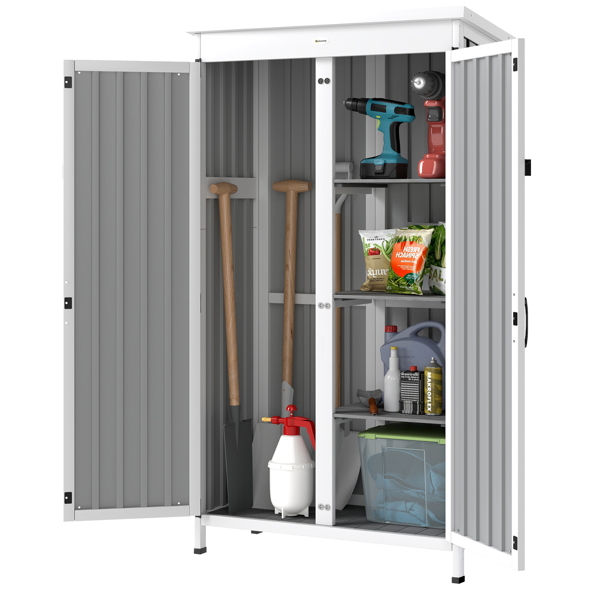 Armoire de jardin sur pieds 3 étagères bois tôle acier ondulé noir blanc