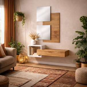 Set Ingresso Moderno Con Specchi Pensile A Giorno Mensola Con Cassetto Salvaspazio Mobile Da Parete 100 x 160 x 30 Cm Bianco E Rovere