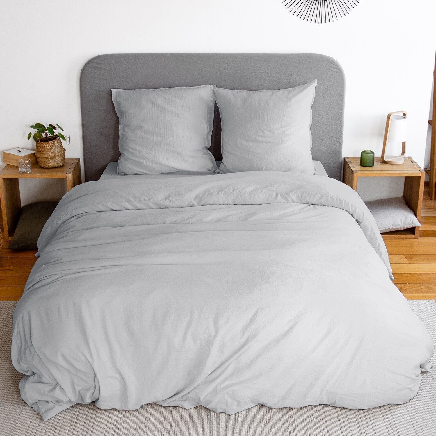 Parure housse de couette unie 100% microfibre lavée - avy - gris clair