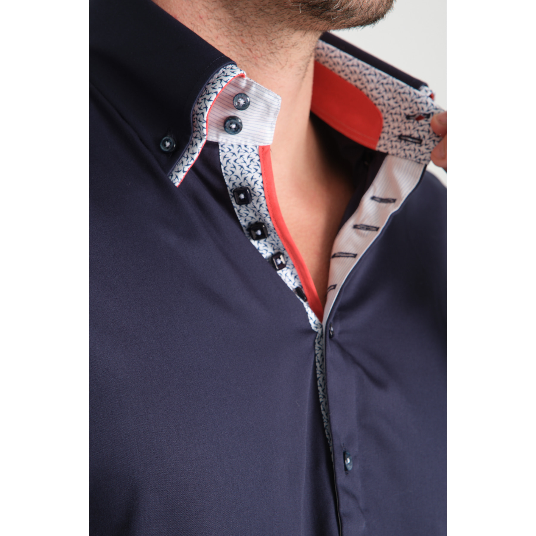 Camicia Uomo 2 Bottoni Button Down 7bottoni Doppio Coll Satin Unito Blu