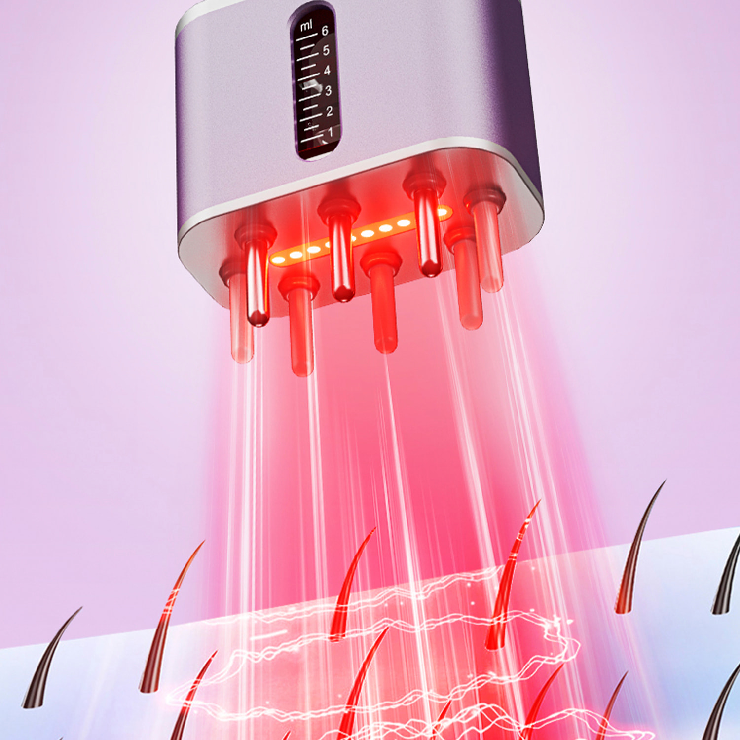 Applicatore di lozioni/farmaci per capelli con trattamento di luce rossa per i capelli. Setole in corno di vacca.