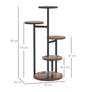 Estantería para Plantas de 5 Niveles Soporte para Plantas de Madera y Acero con 5 Estantes Redondos Soporte para Macetas para Interior y Exterior 43x43x70 cm Carbonizado