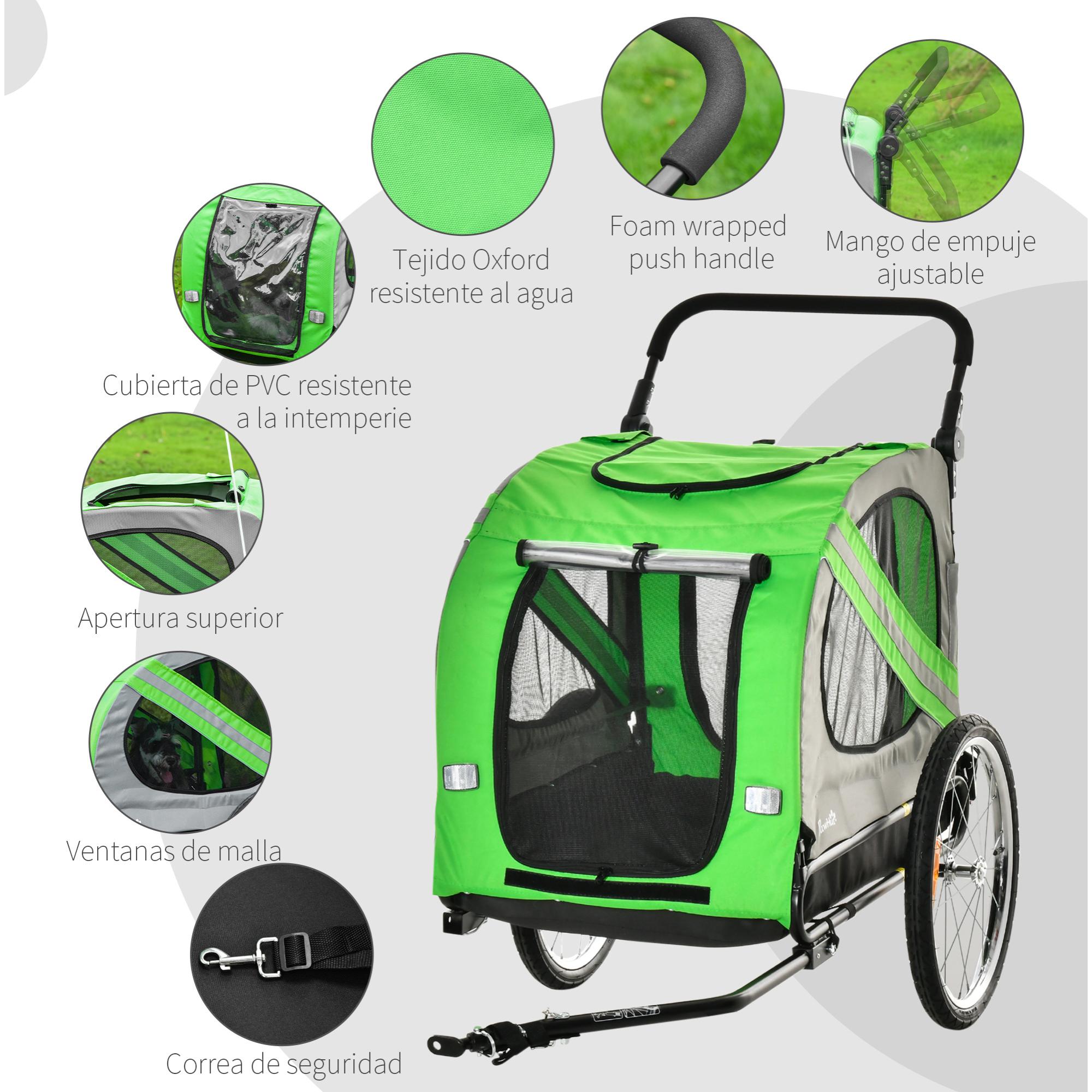 Remolque de Bicicleta Perros 2 en 1 Carrito Transporte para Mascotas con Puertas Enrollables Ventanas Cinturón de Seguridad Bandera y 6 Reflectores 140x72,5x108 cm Verde