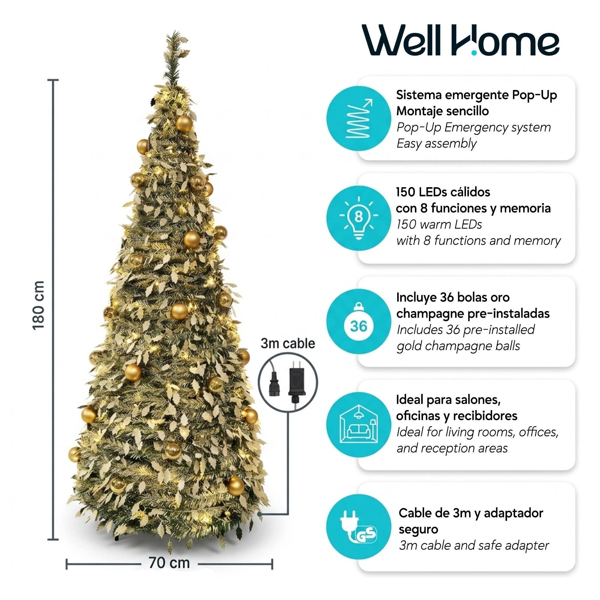 Árbol de navidad con 150 leds blanco cálido y 36 bolas champagne de ø70x180 cm con 8 funciones de luz