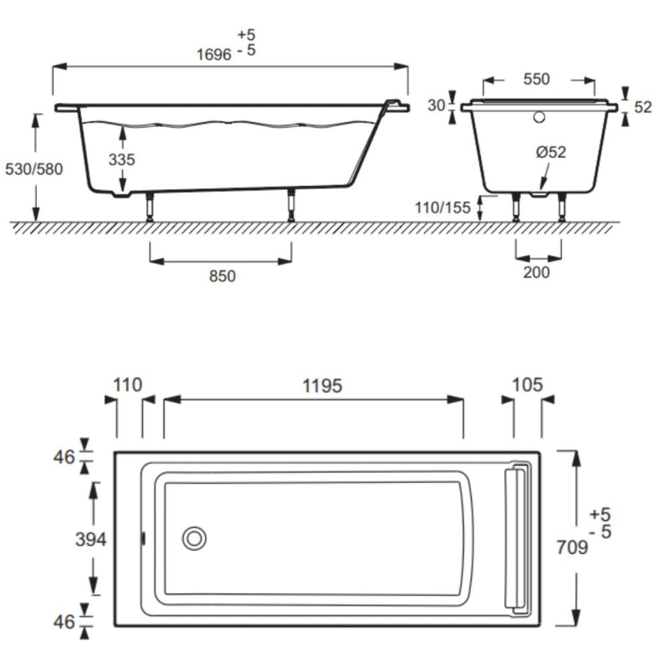 Baignoire droite Spacio + pare bain chromé