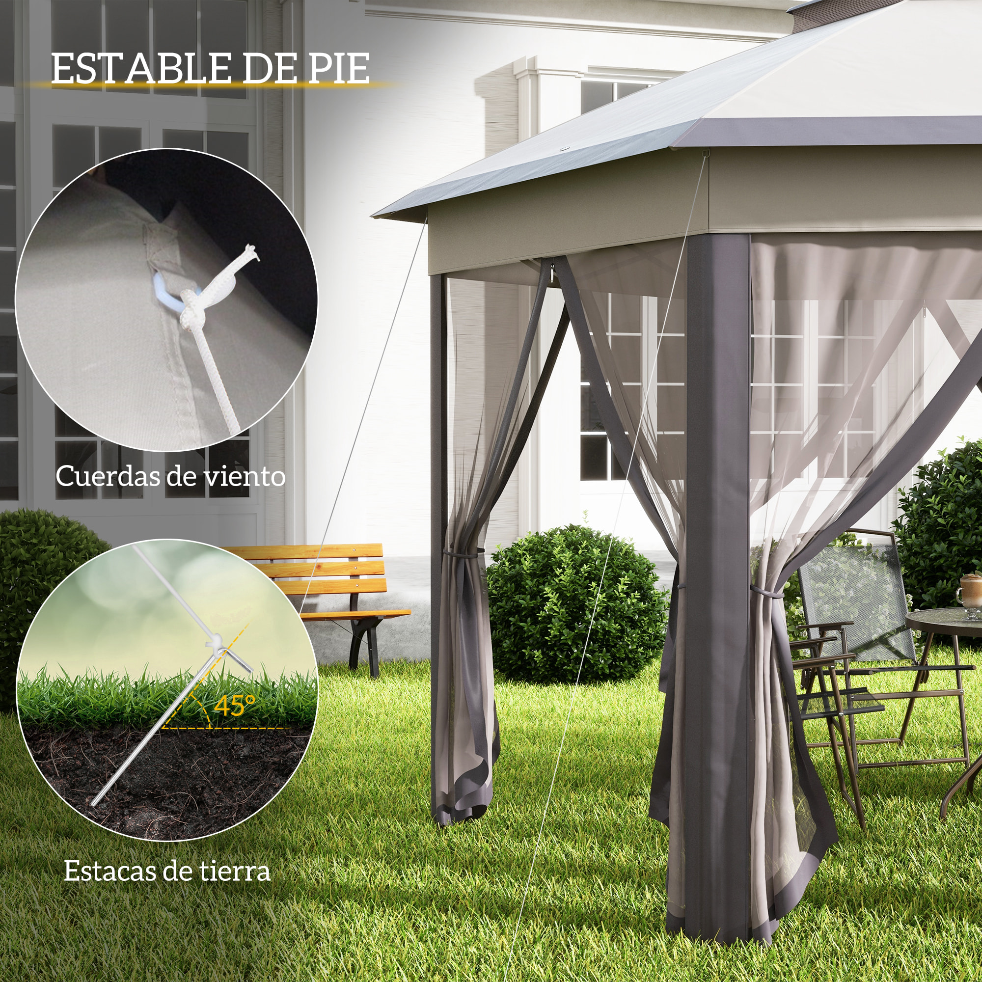 Carpa Plegable 4x3,4 m, Cenador de Jardín Hexagonal con Doble Techo, 6 Mosquiteras Extraíbles y Bolsa de Transporte, Impermeable, Anti-UV para Exterior, Fiestas, Marrón y Beige