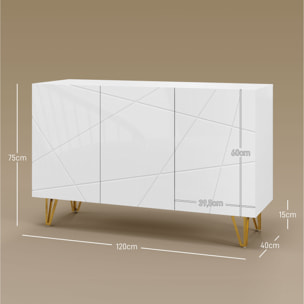 Aparador para Salón Aparador de Entrada con 3 Puertas y Estantes Ajustables Armario de Almacenamiento para Cocina Sala 120x40x75 cm Blanco Brillante