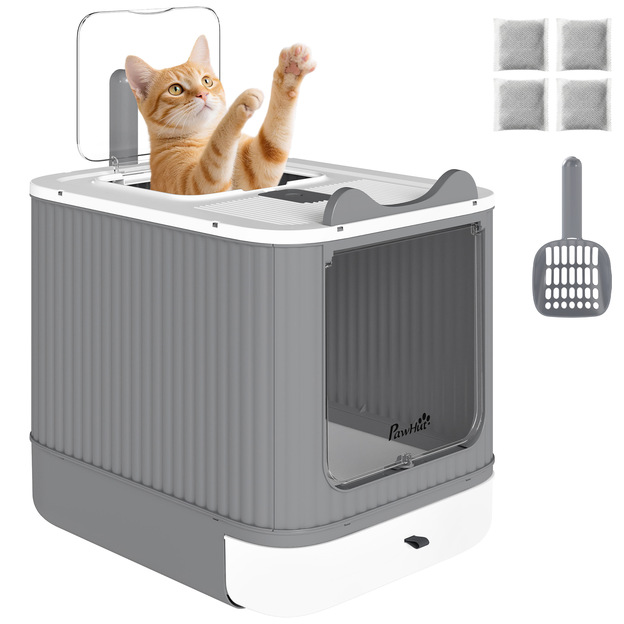 Arenero para Gatos Cubierto M, Caja de Arena para Gatos Medianos, Arenero con Tapa Abatible, Entrada Frontal, Salida Superior, Pala, Bolsas Desodorantes, Fácil de Limpiar, Antifugas, Blanco