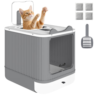 Arenero para Gatos Cubierto M, Caja de Arena para Gatos Medianos, Arenero con Tapa Abatible, Entrada Frontal, Salida Superior, Pala, Bolsas Desodorantes, Fácil de Limpiar, Antifugas, Blanco