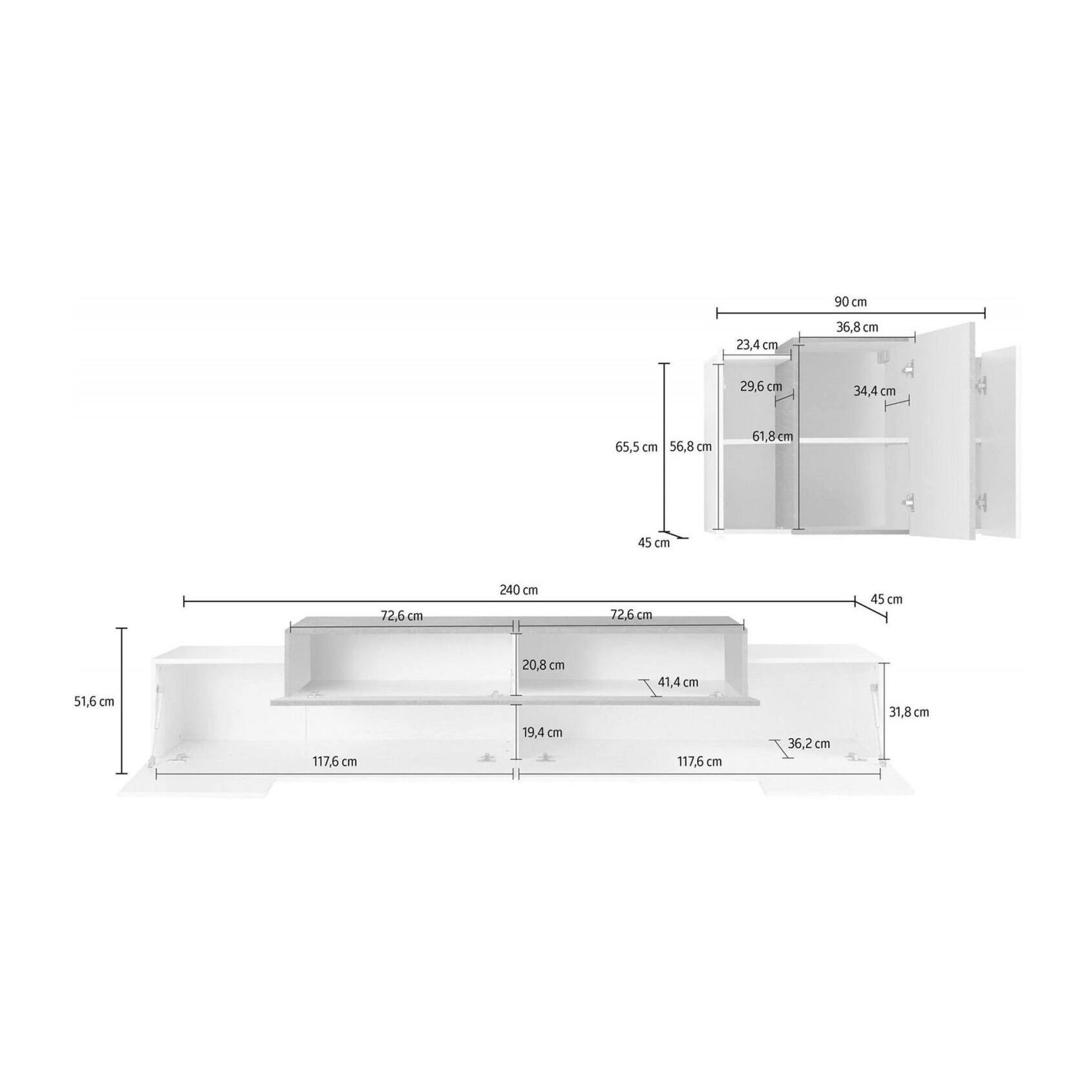Parete attrezzata Alaskino, Set salotto porta TV, Mobile soggiorno multiuso, 100% Made in Italy, cm 240x45h180, Bianco lucido e Ardesia