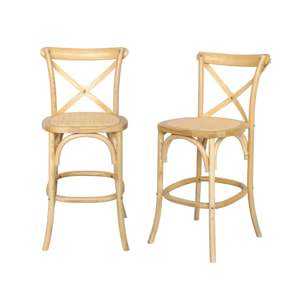 Lot de 2 tabourets de bar bistrot vintage en bois naturel avec repose-pieds