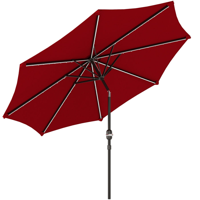 Sombrilla Terraza Exterior Ø292x252 cm con Luces LED Solares Sombrilla de Jardín con Inclinación Ajustable hasta 45° Impermeable y Manivela Parasol para Patio Piscina sin Base Burdeos