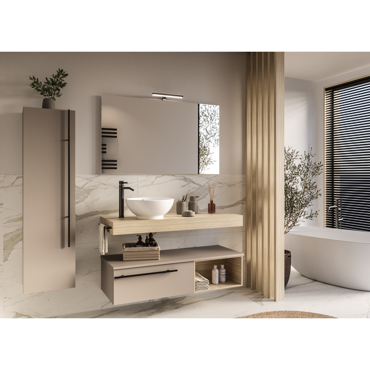 MOBILE DA BAGNO RIFLESSO 120 ROVERE NATURALE E TORTORA MILANO - 9 PEZZI