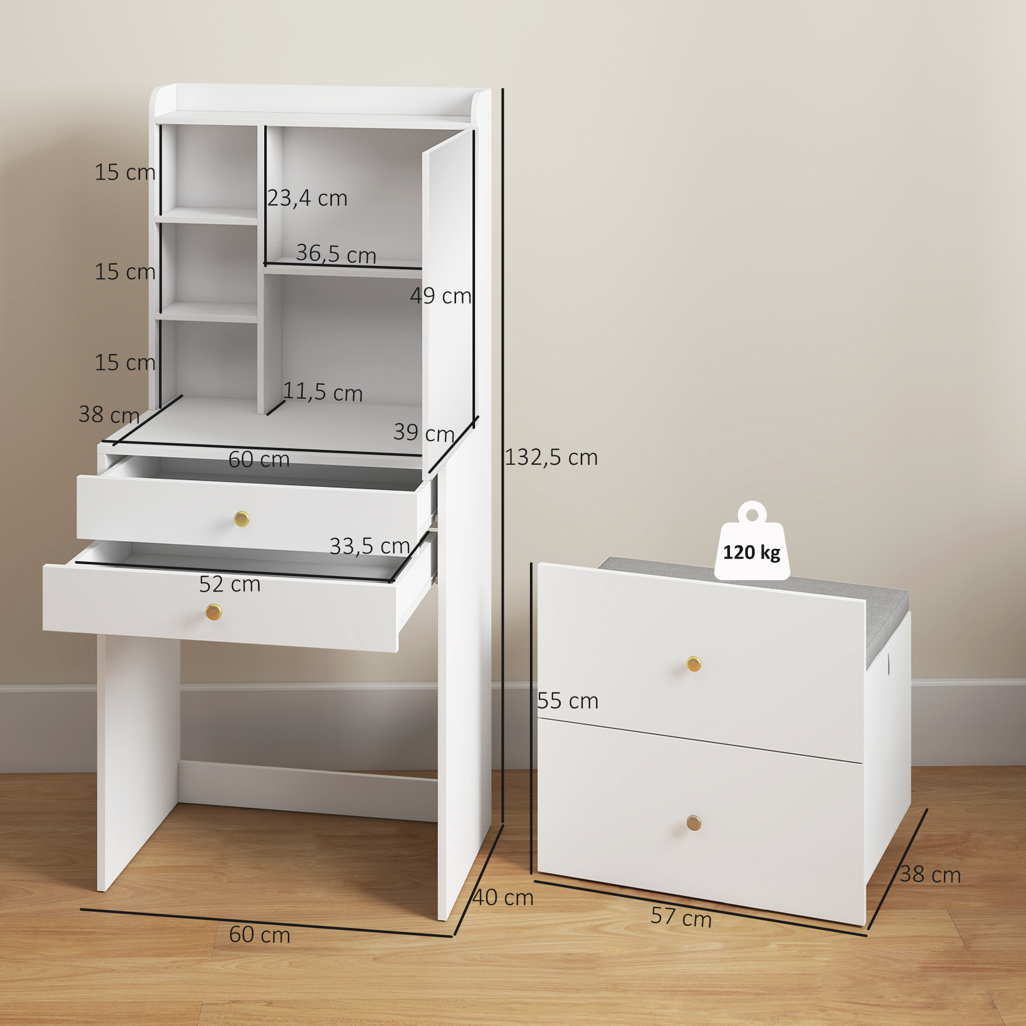 Coiffeuse tabouret encastrable multi-rangement miroir poignées dorées blanc