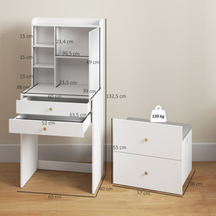 Coiffeuse tabouret encastrable multi-rangement miroir poignées dorées blanc