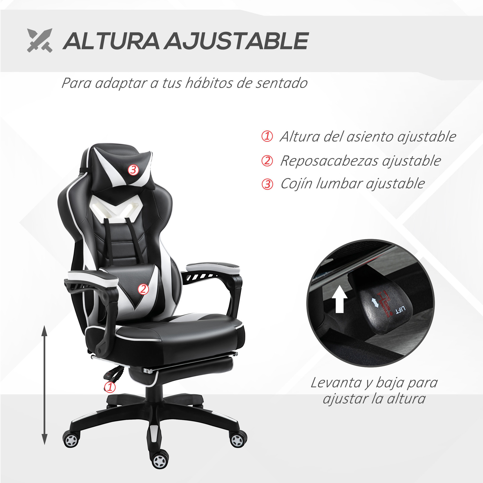 Silla Racing de Escritorio Reclinable Negro y Blanco