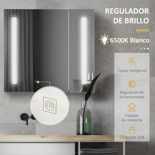 Armario con Espejo de Baño con Luz LED Armario de Baño Colgante con 2 Puertas Función de Memoria e Interruptor Táctil Estilo Moderno 70x15x65 cm Blanco