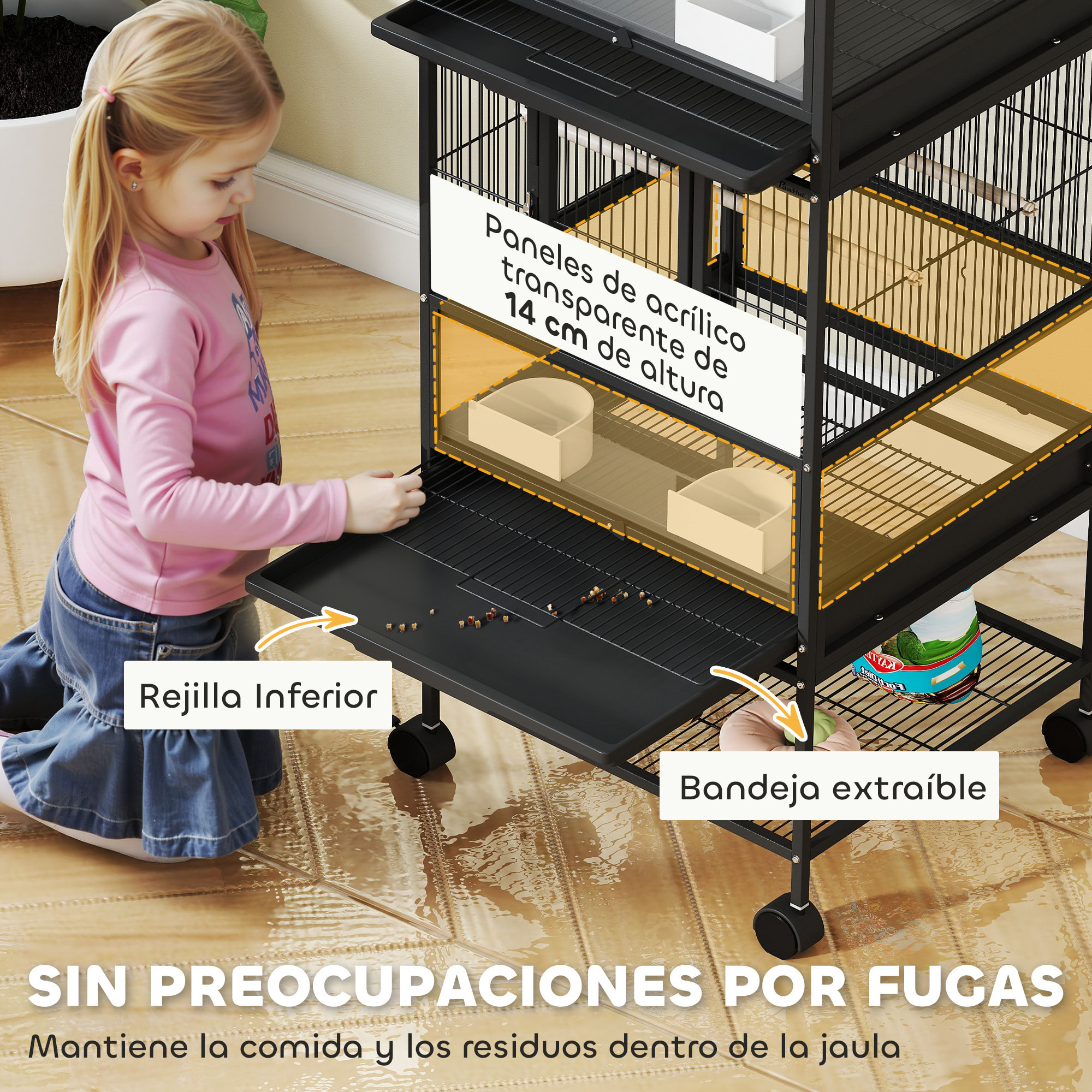 Jaula para Pájaros Jaula Grande de 2 Niveles con Ruedas Paneles Acrílicos Comederos Perchas Estante Bandejas Extraíbles Pajarera para Loros Canarios 48x46x134,5 cm Negro