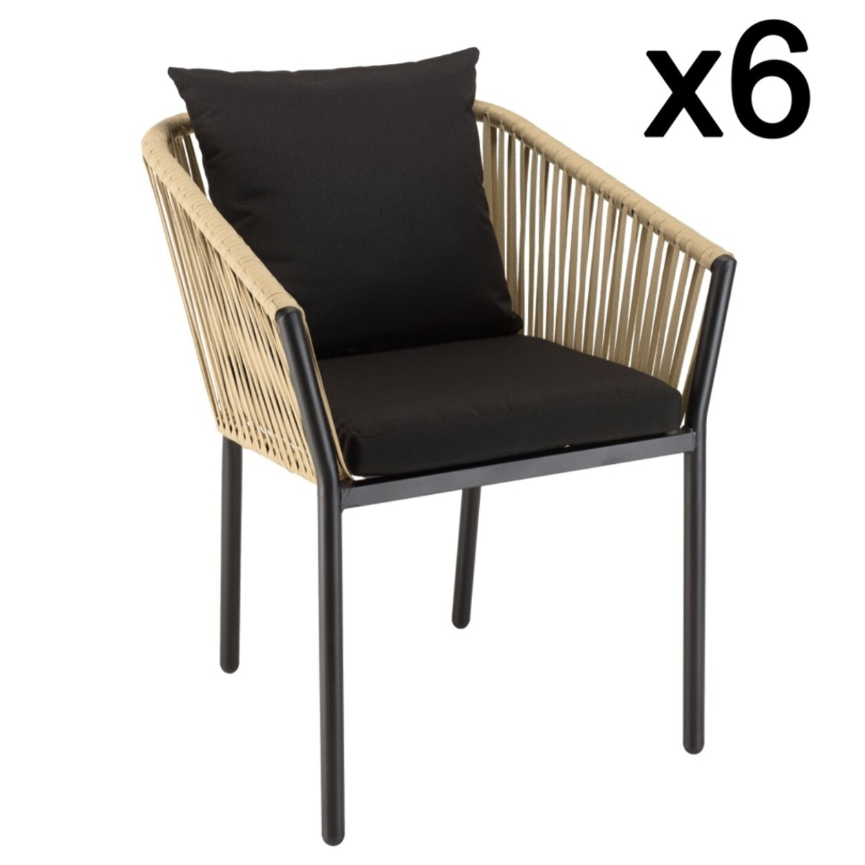 MALO - Lot de 6 fauteuils en cordage couleur naturelle coussins noirs MALO