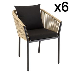 MALO - Lot de 6 fauteuils en cordage couleur naturelle coussins noirs MALO